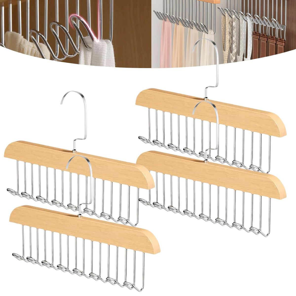 4 Pack Belt Hanger for Closet, Wooden Tie Rack Hangers for Men with 8 Hooks, Space Saving Belt Organizer, Closet Storage for Bel