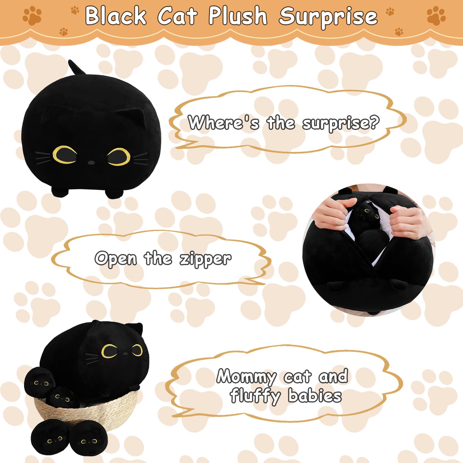 Toysym Black Cat Stuffed Animal Mommy Cat Plush Toys With 4 Squishy Baby Black Cat In Her Tummy Soft Cute Hugging Pillows For Bo