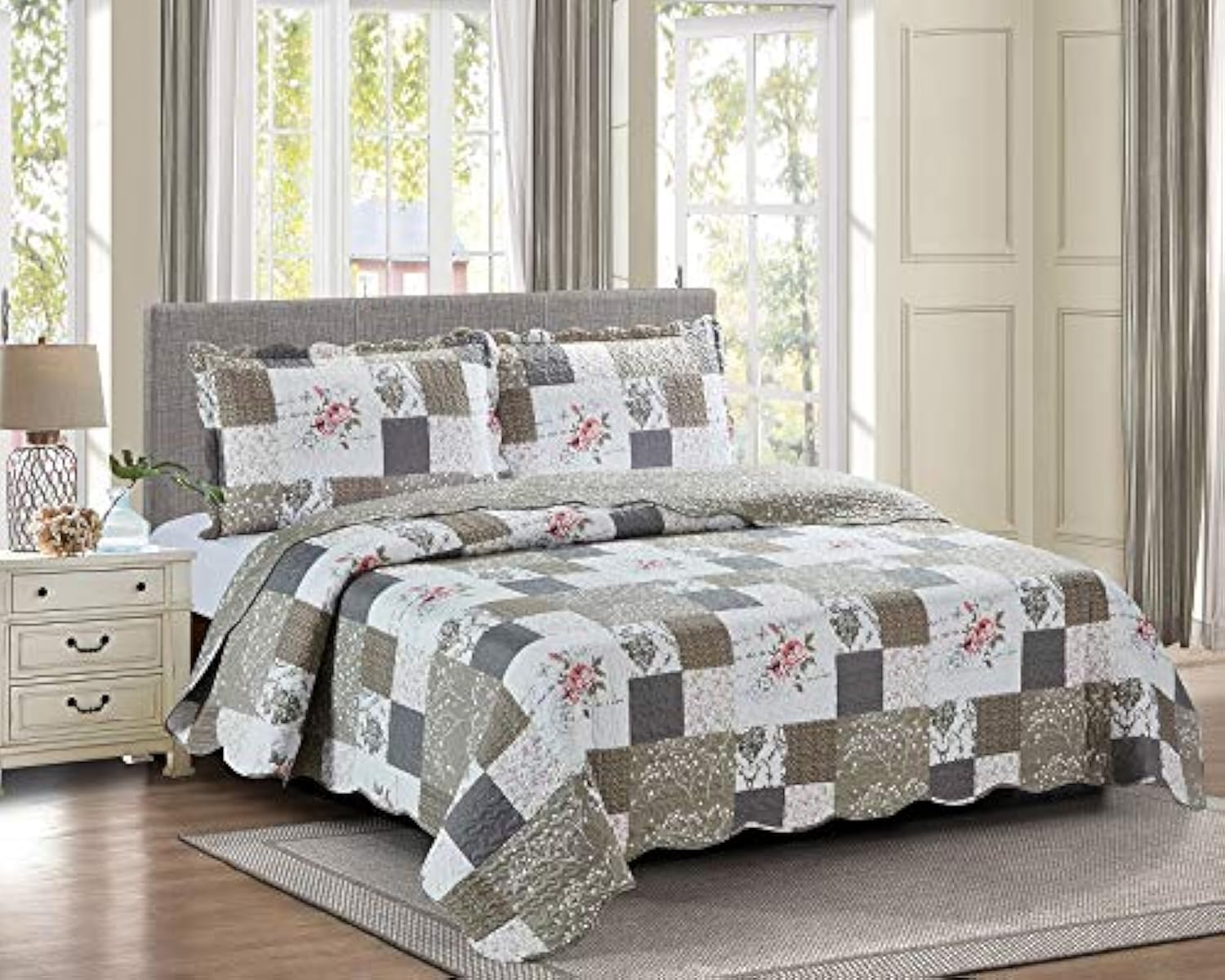Brilliant Sunshine Roses And Toile Quilt Set, 3-Piece Bedding Sets With 2 King Pillow Shams, Washable And Reversible Bedspread, Soft Lightweight Coverlet, All-Season, King/Cal King, Rose Grey