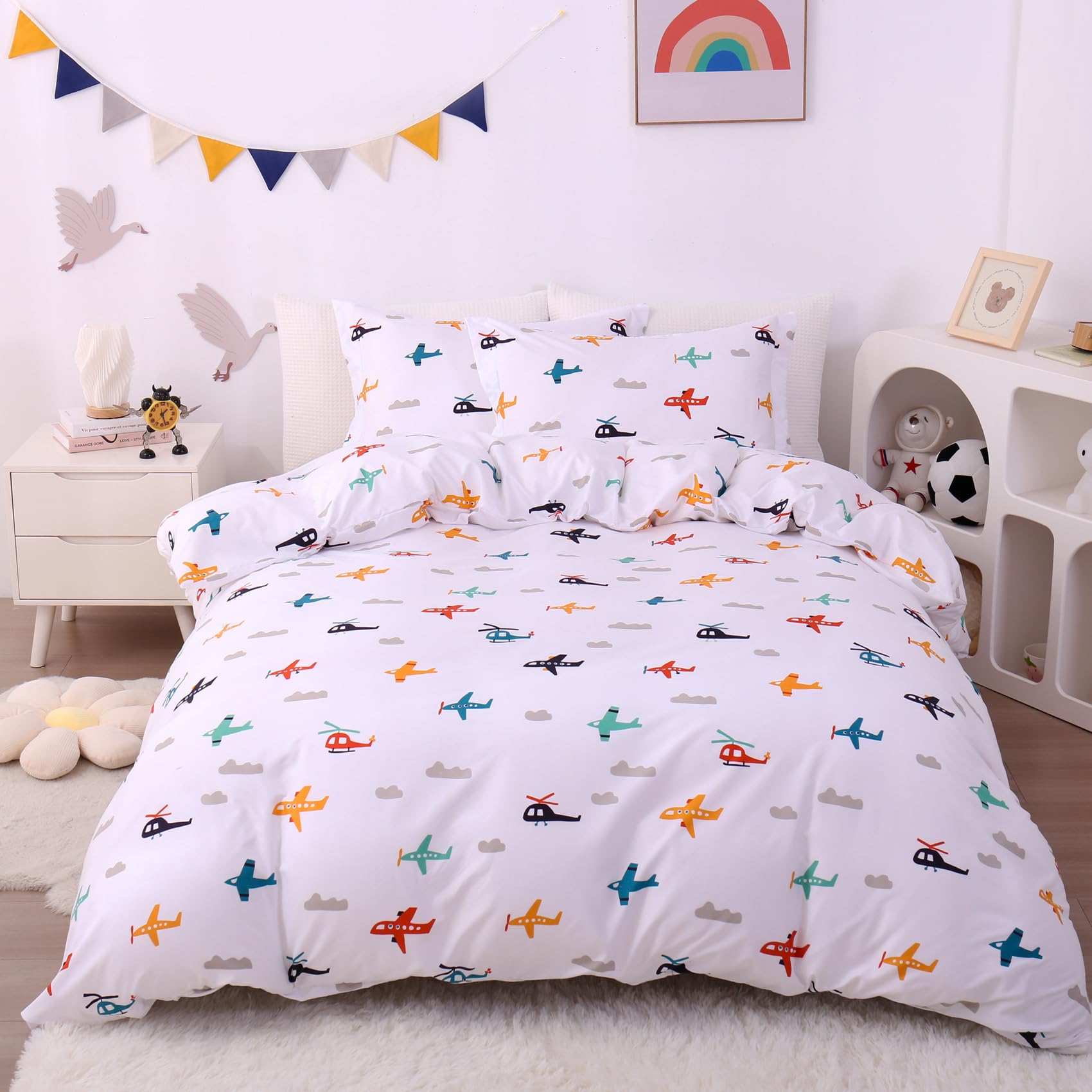 Jsd Airplane Kids Duvet Cover Set Full Size, 3 Piece Soft Printed Microfiber Comforter Cover With Pillow Sham Zipper Closure, Co