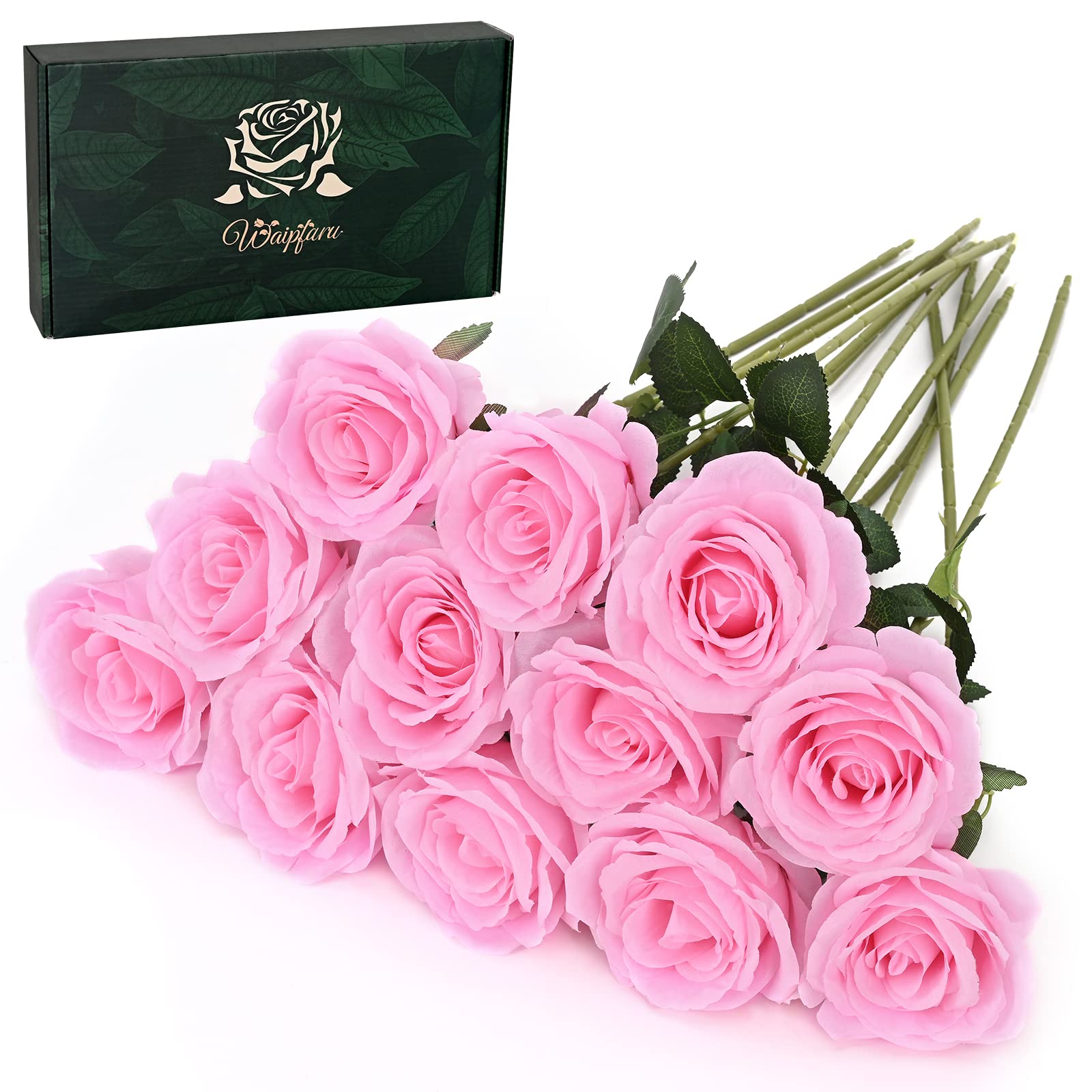 Waipfaru 12 Pcs Artificial Flowers Fake Silk Pink Roses Bulk, Faux Real Touch Roses Bouquet with Long Stem for Wedding Party Hom