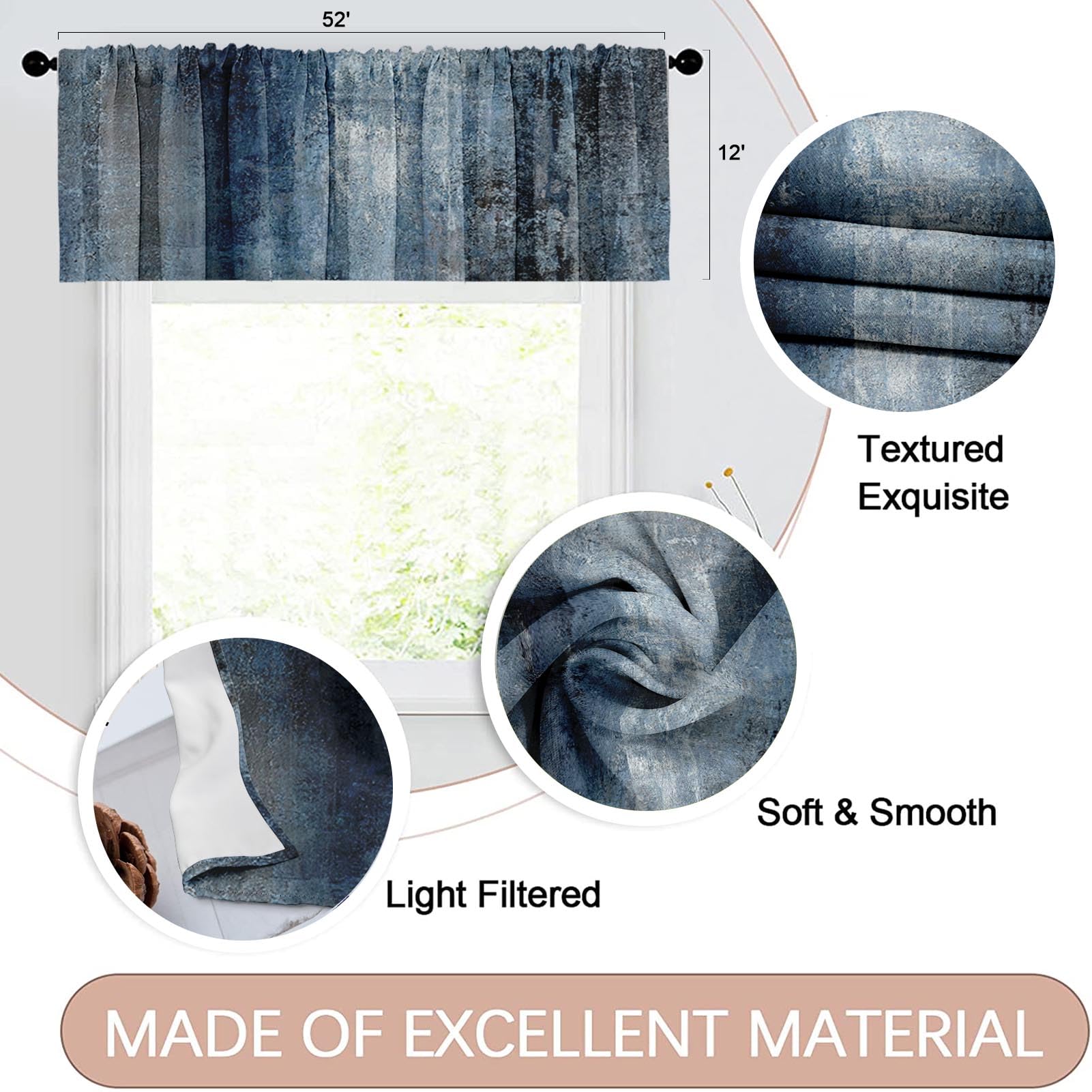 Emvency 2 Pack Valances Window Treatments, Blue Abstract Modern Art Blackout Drapes Adjustable Curtain Valances For Windows Livi
