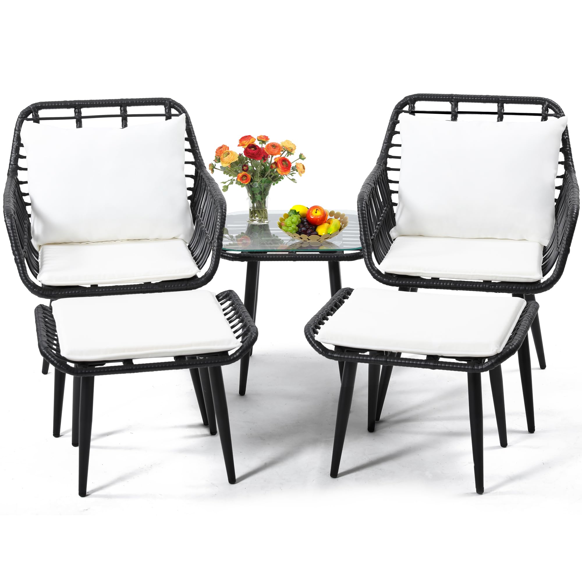 Krofem 5 Piece Wicker Bistro Patio Conversation Furniture Set, Includes 2 Chairs, 2 Ottomans, And Side Table, Ideal For Porch, Balcony, Deck, Backyard, Black