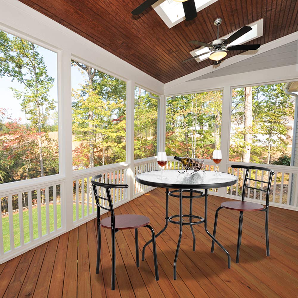 Vingli Round Patio Table With Umbrella Hole, 32' Outdoor Dining Table Steel Tempered Glass Patio Table Round Outdoor Table For Balcony Garden Deck