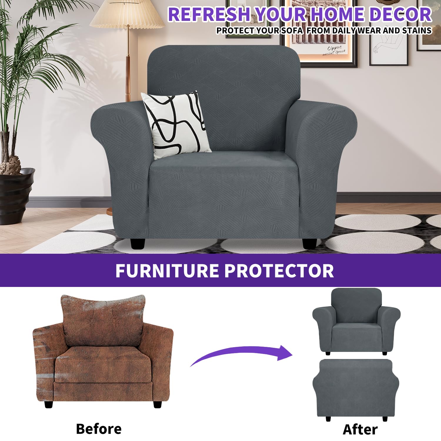 Znsayotx Super Stretch Chair Slipcover (31'-46'), New Striped Sofa Chair Covers For Living Room, Dogs Pet Friendly Anti-Slip Chair Protector Spandex Armchair Slipcovers (Dark Grey, Chair)