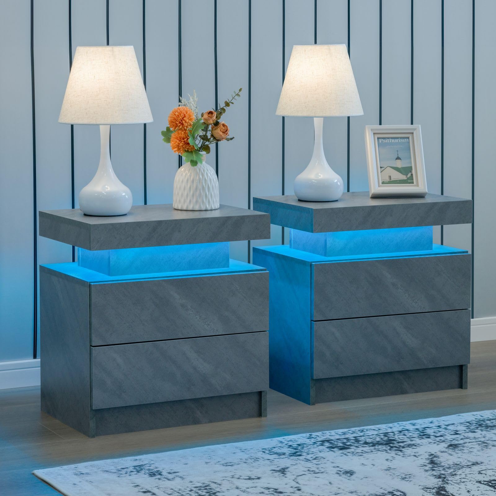 I-Aplus Grey Night Stand Set 2 Modern Bedside Tables With 2 Drawers Bedroom Night Stands Set Of 2 Led Night Stand For Bedroom, Living Room