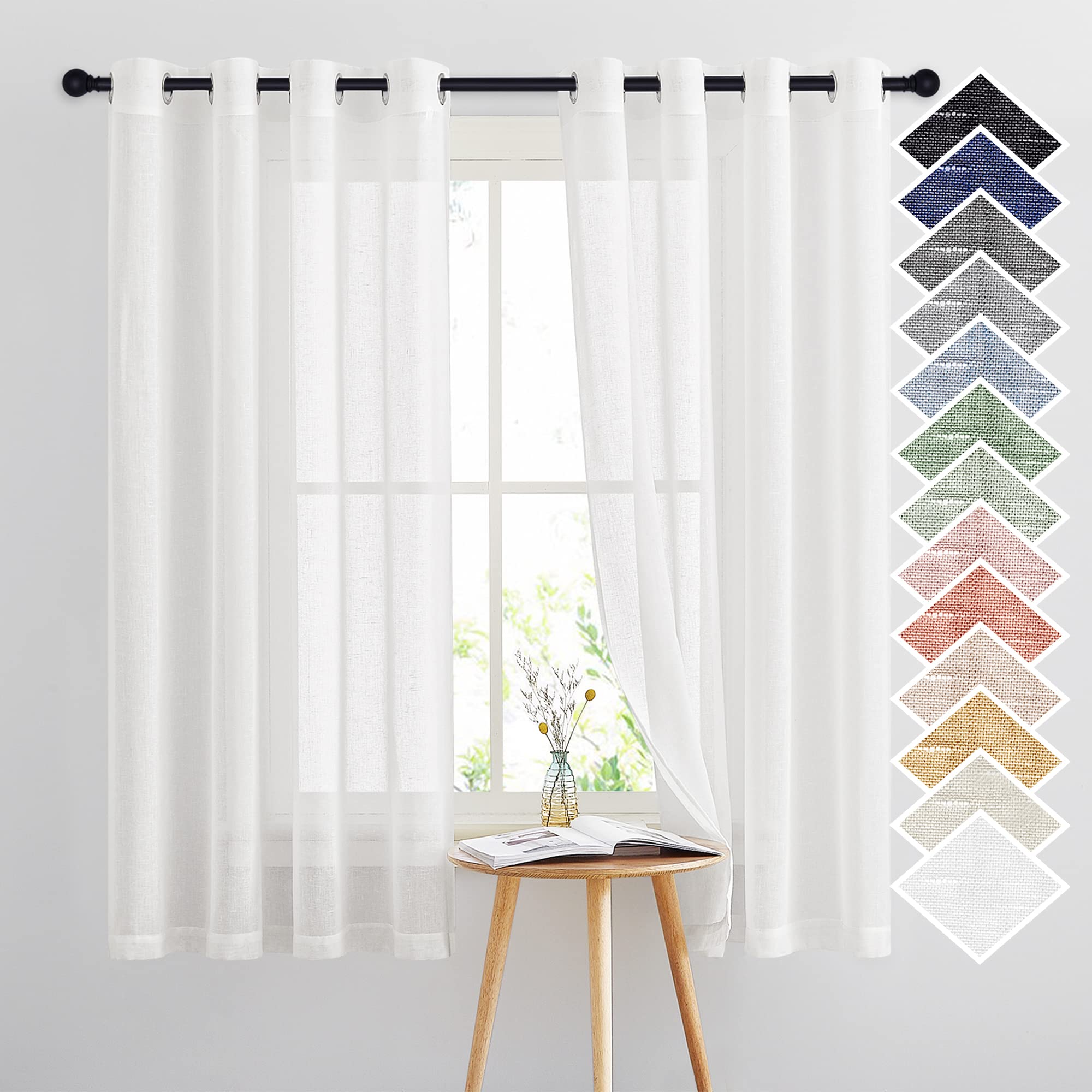 Nicetown White Linen Sheer Curtains 63 Inch Length, Vintage Grommet Linen Textured Semitransparent Privacy Window Treatment Ligh