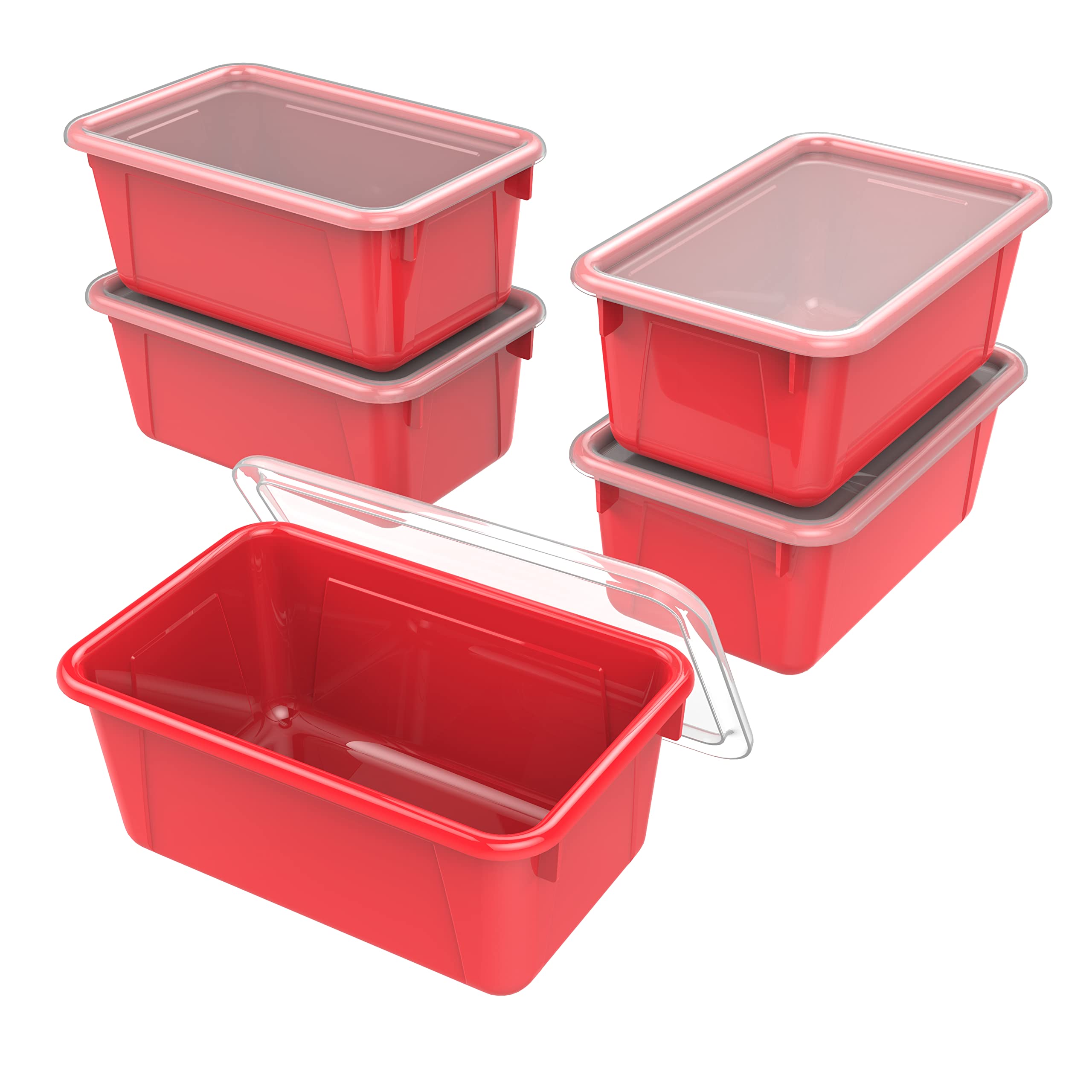 Storex Small Cubby Bins - Plastic Storage Containers For Classroom With Non-Snap Lid, 12.2 X 7.8 X 5.1 Inches, Red, 5-Pack (6240