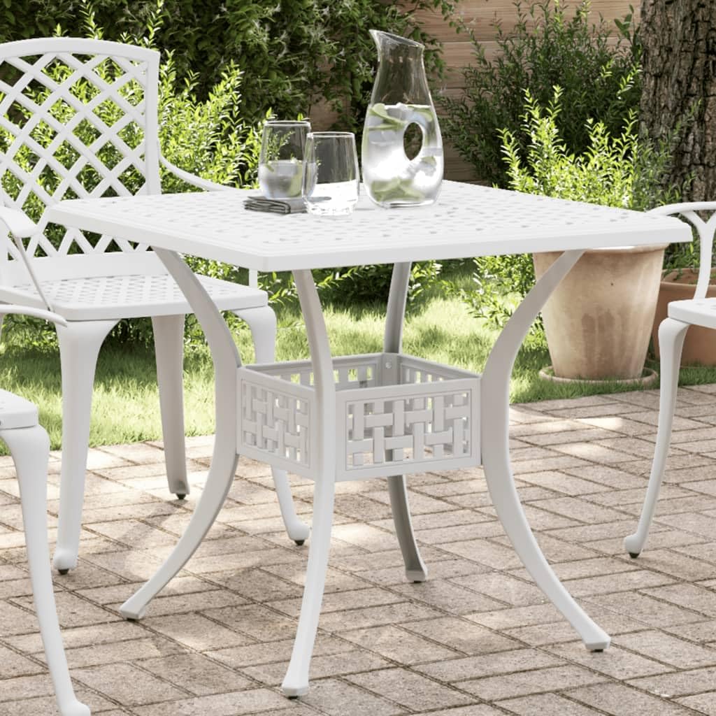 vidaXL Cast Aluminum Patio Table in White - 31.5"x31.5"x29.5" - Outdoor/Indoor Garden Table with Umbrella Hole, Lightweight, Corrosion Resistant
