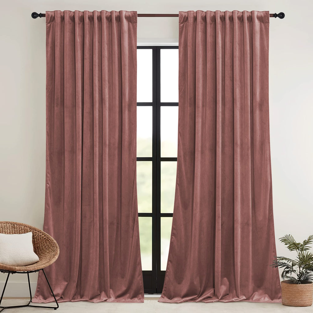 Ryb Home Wild Rose Pink Velvet Curtains 90 Inches Long - Super Soft Girl Bedroom Window Decorative Drapes Thermal Insulated Room Darkening Curtains For Guest Room, 2 Panels