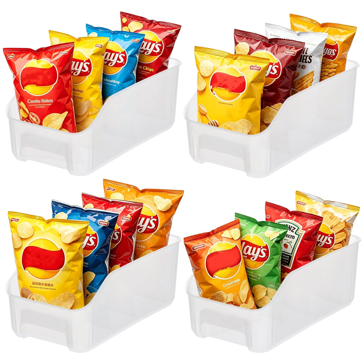 HFYZZ 4 Pack Chip Bag Organizer for Pantry, Large Stackable Chip Storage Containers Plastic Chip and Snack Storage Bins for Pant