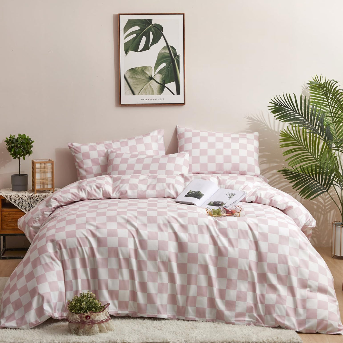 Karever Pink Grid Comforter Set Queen Pink Plaid Bedding Set Women Pink And White Checkered Bed Comforter Set Girls Breathable B