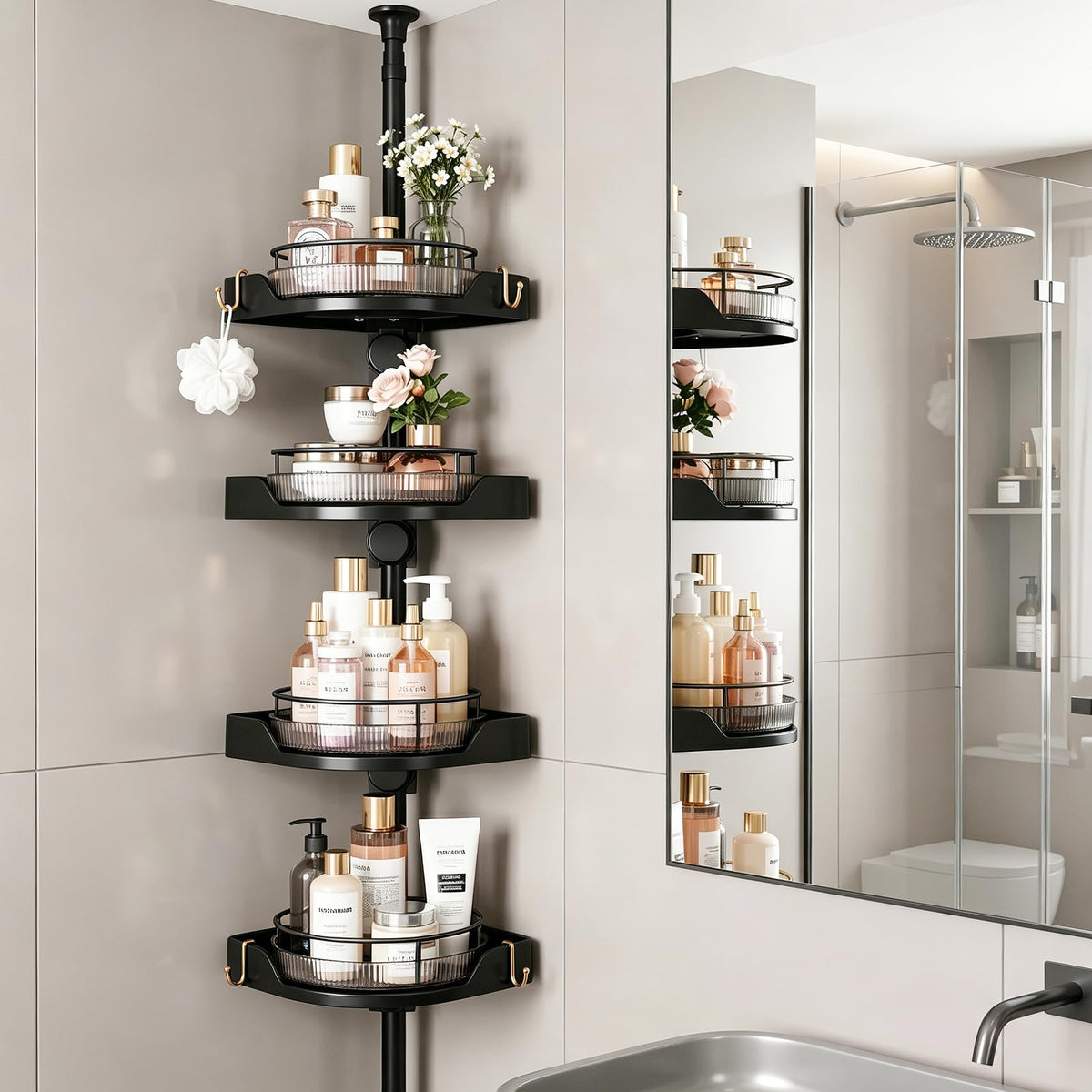 CISIREE 360 Rotating Tension Pole Caddy  4Tier Corner Shower Organizer, Height Adjustable 33124, SpaceSaving for Bathroom,