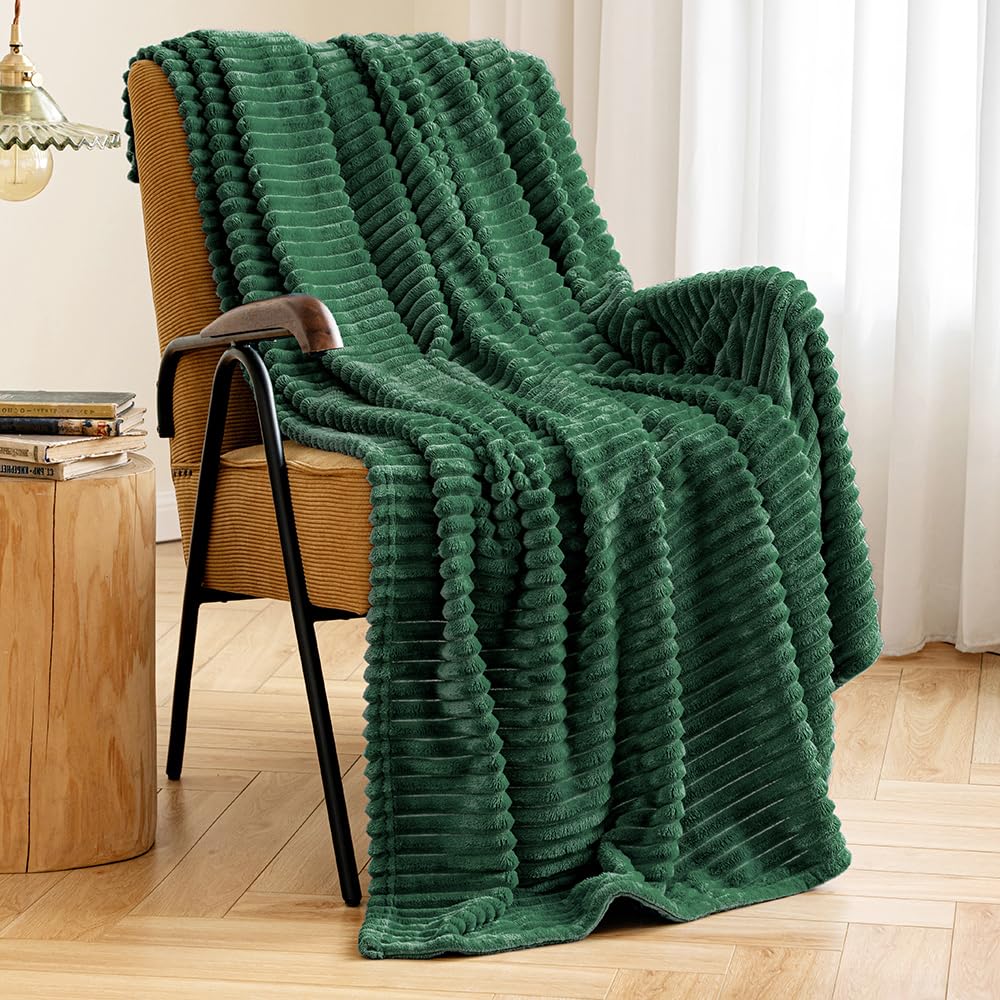 Miulee Christmas Fleece Throw Blanket For Couch 300Gsm Super Soft Lightweight Plush Striped Blanket, Dark Green Warm Cozy Breath