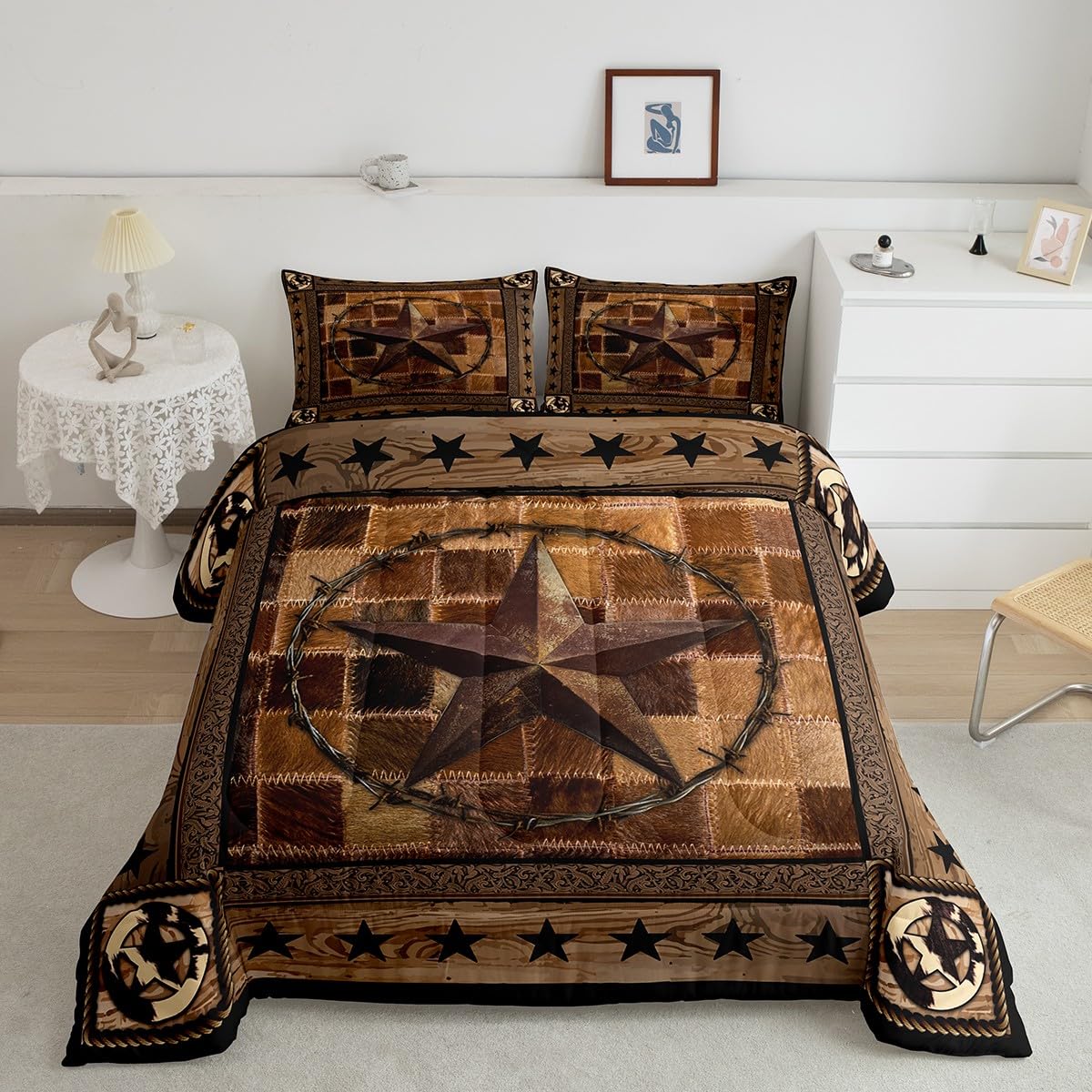Western Texas Star Kids Comforter Set Queen Size,Cow Fur Patchwork Wooden Plank Bedding Set,Boys Girls Adults Room Decor,Western