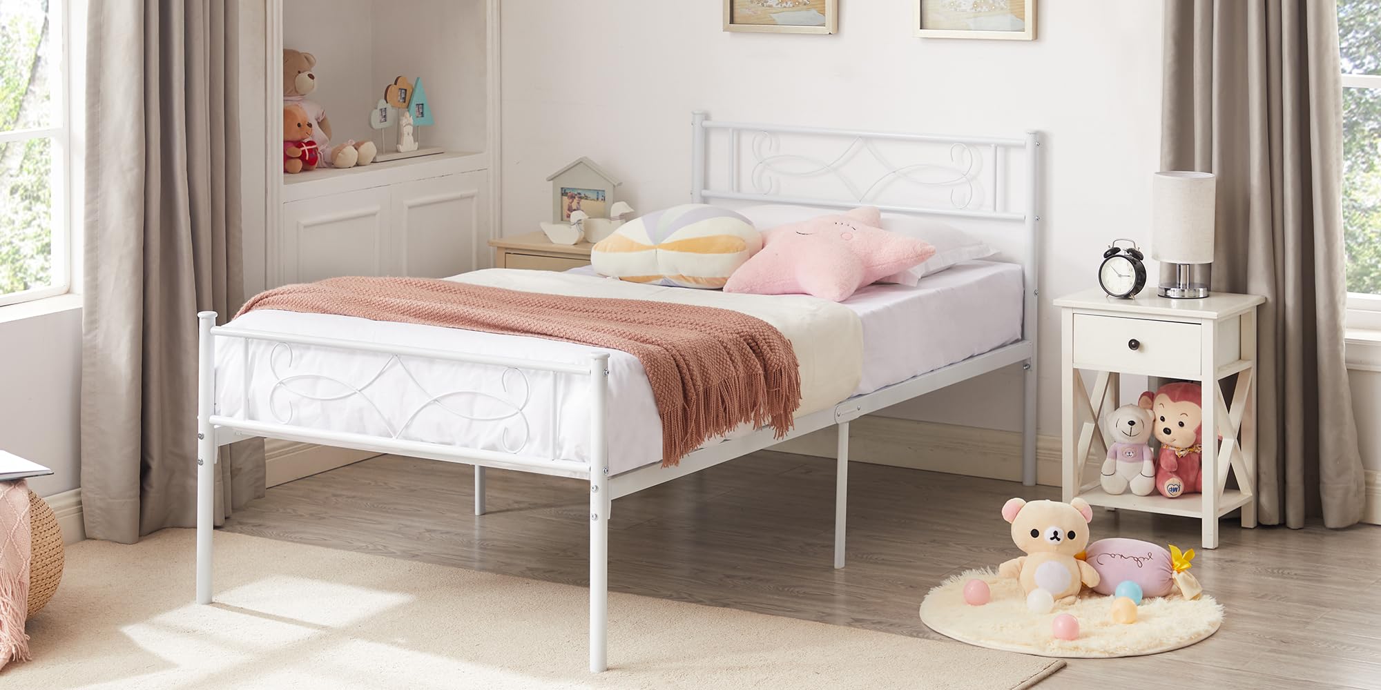 Vecelo 14' Twin Size White Metal Platform Bed Frame With Headboard,Premium Steel Slat Support/No Box Spring Needed/Noise-Free/Easy Assembly