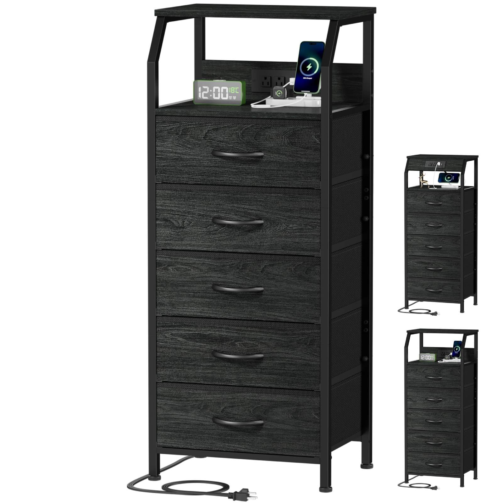 Furnulem 5 Drawers Dresser With Charging Station, Fabric Chest Of Drawers With Open Shelf, Tall Night Stand, Bedside Table For Closet, Entryway, Bedroom Furniture, 3 Ways To Use, Black Oak