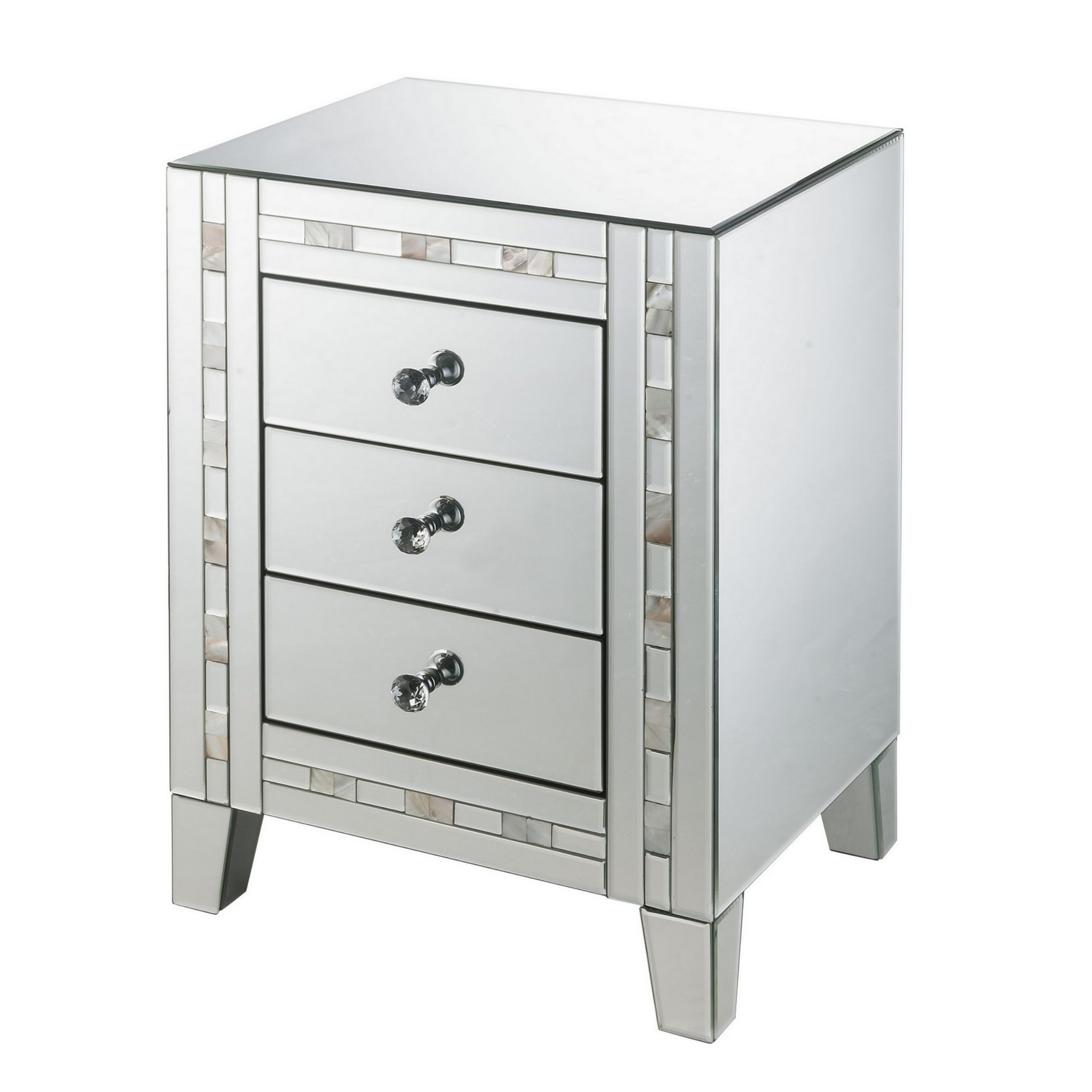 Benjara 3 Drawer Beveled Mirrored Nightstand with Pearl Inlay, Silver