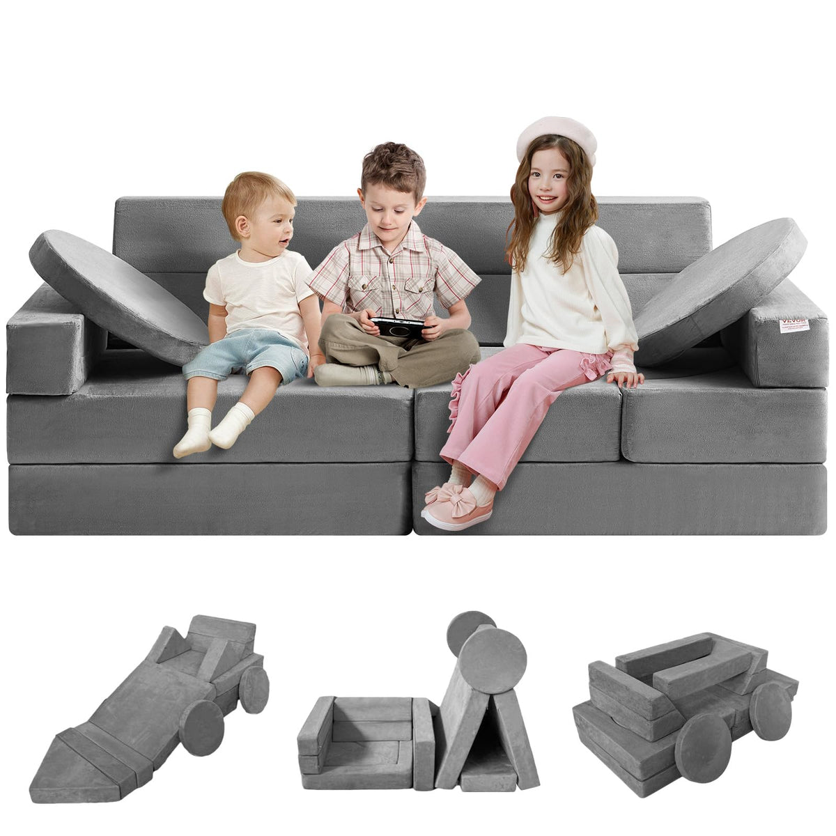 VEVOR 15pcs Modular, Toddler Foam Sofa Couch with High-Density 25D Sponge for Playing, Creativing, Sleeping, Imaginative Kids Furniture for Bedroom and Playroom, Grey