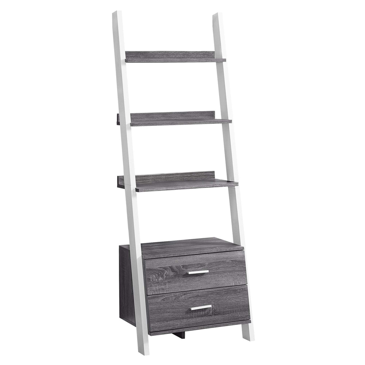 HomeRoots Grey,White Particle Board,Hollow-CORE, Laminate, MDF Bookcase - 69' H/Grey-White Ladder with 2 Storage Drawer