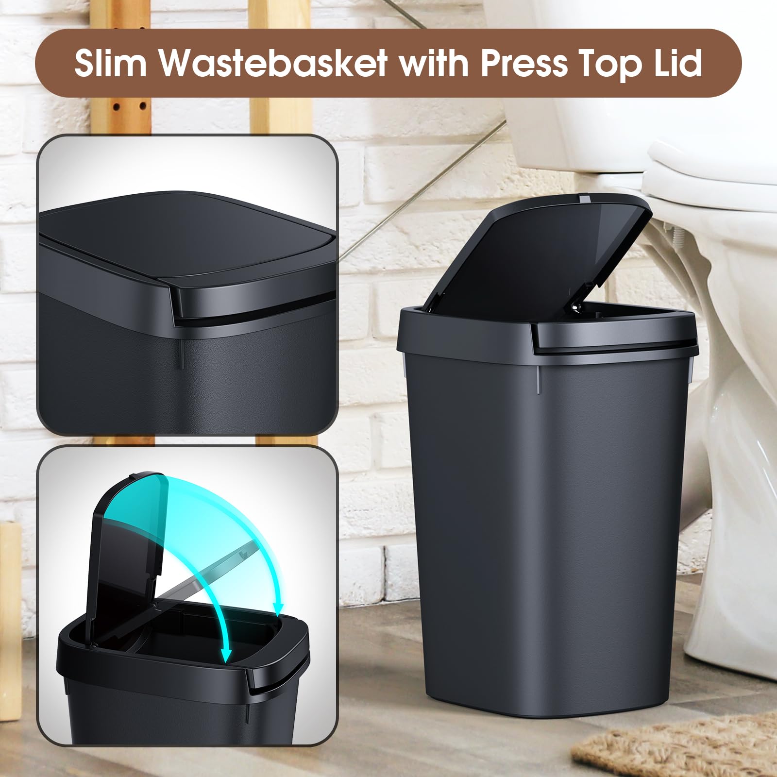 Ceroelda 3 Pack Bathroom Small Trash Can With Lid, 10L/2.6 Gal Slim Garbage Can With Press Top Lid, Plastic Wastebasket With Pop