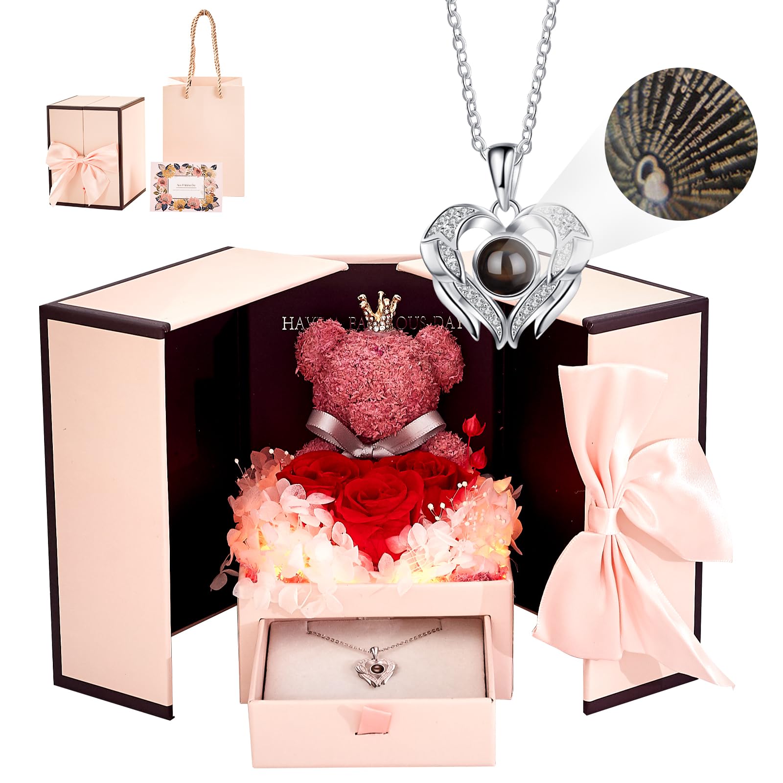 Preserved Red Rose Moss Bear Gifts With Led Light Including 925 Sterling Silver I Love You Necklace For Mom Wife Girlfriend,Anni