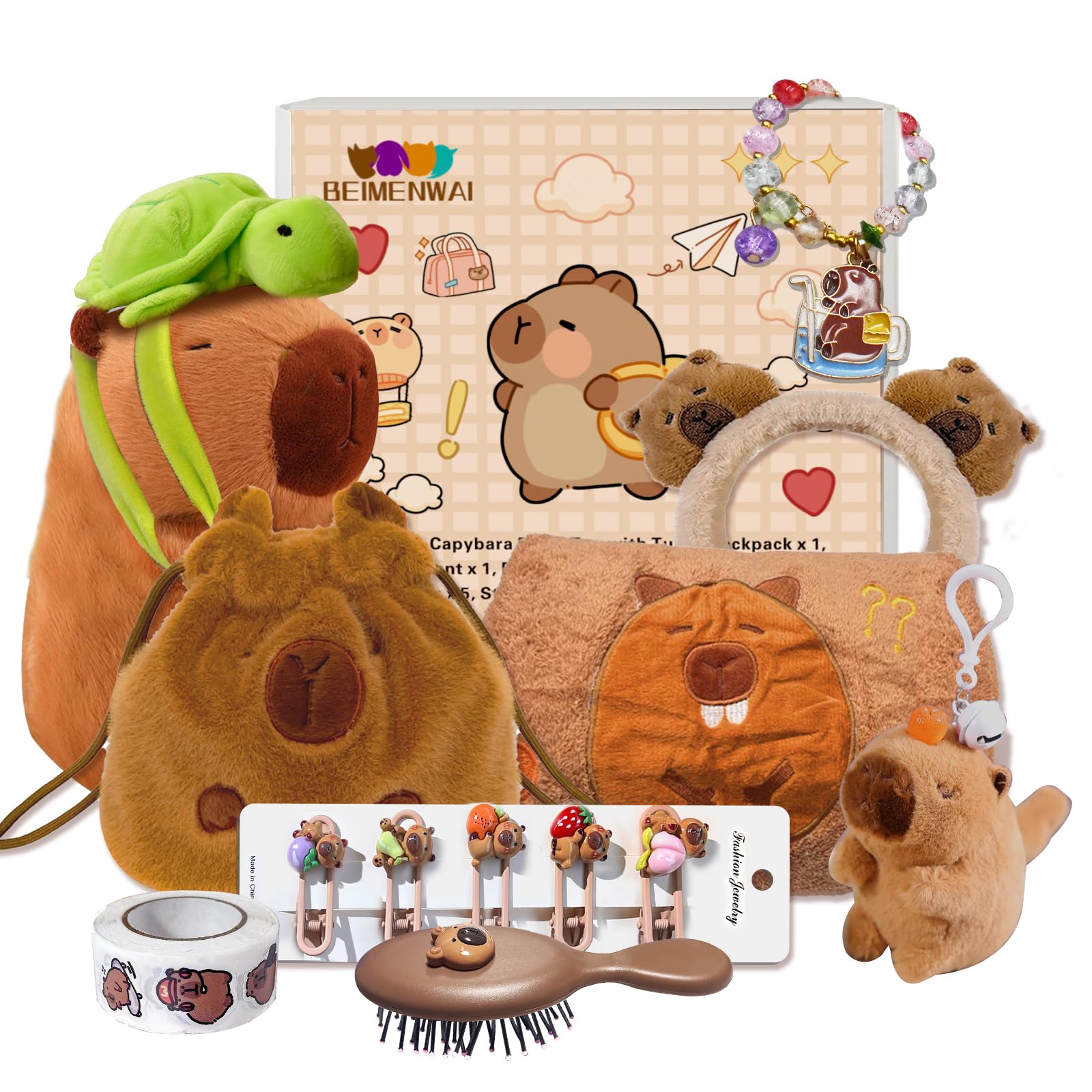 Beimenwai Capybara Plush Gifts For Girls 4 5 6 7 8 9 10+ Years Old, Kids Cute Capybara Toys With Stuffed Animal/Keychain/Bag/Bat