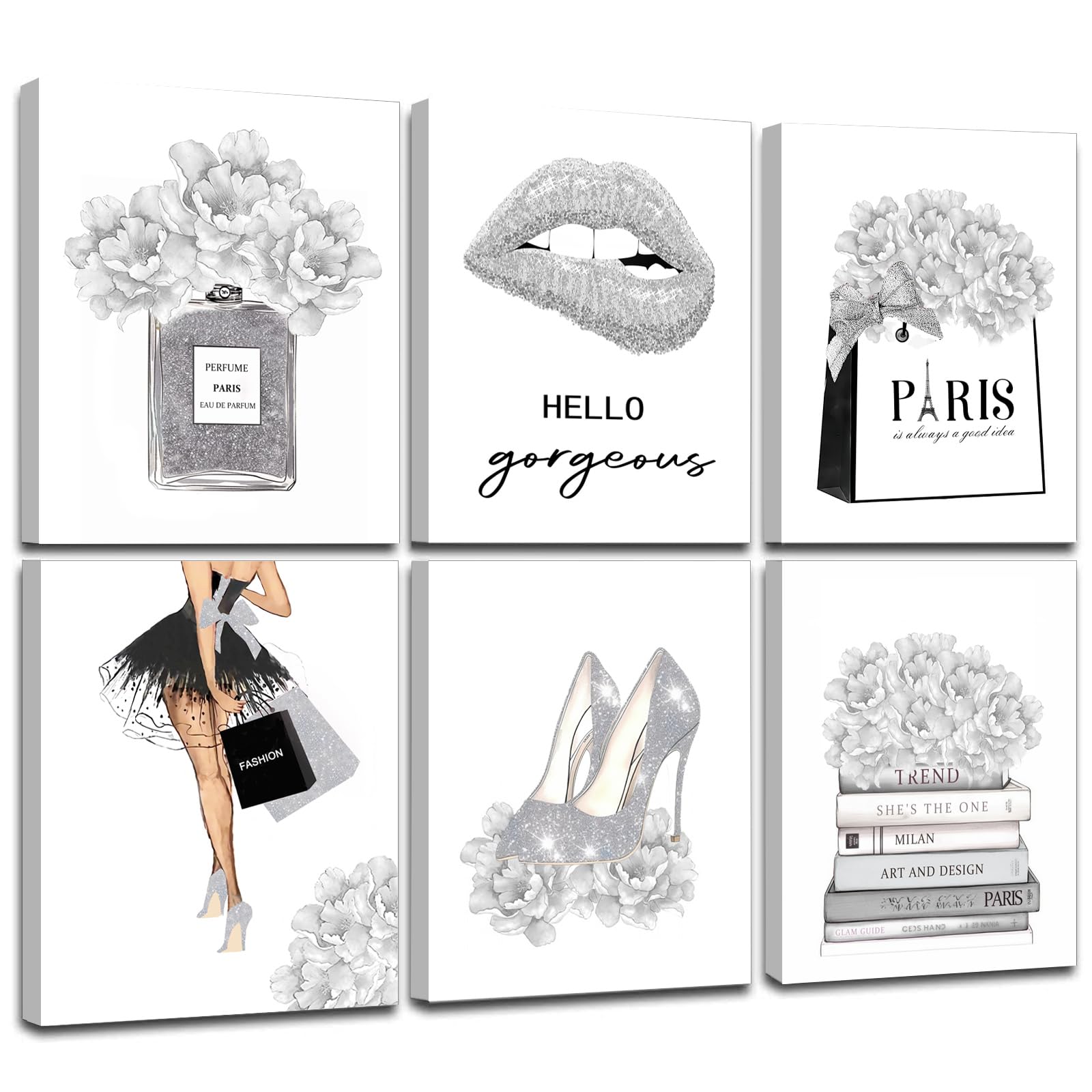 Glam Gray Fashion Wall Decor, FRAMED Woman Makeup Room Wall Art, Fashion Silver Girly Beauty Room Picture Wall Decor for Office 