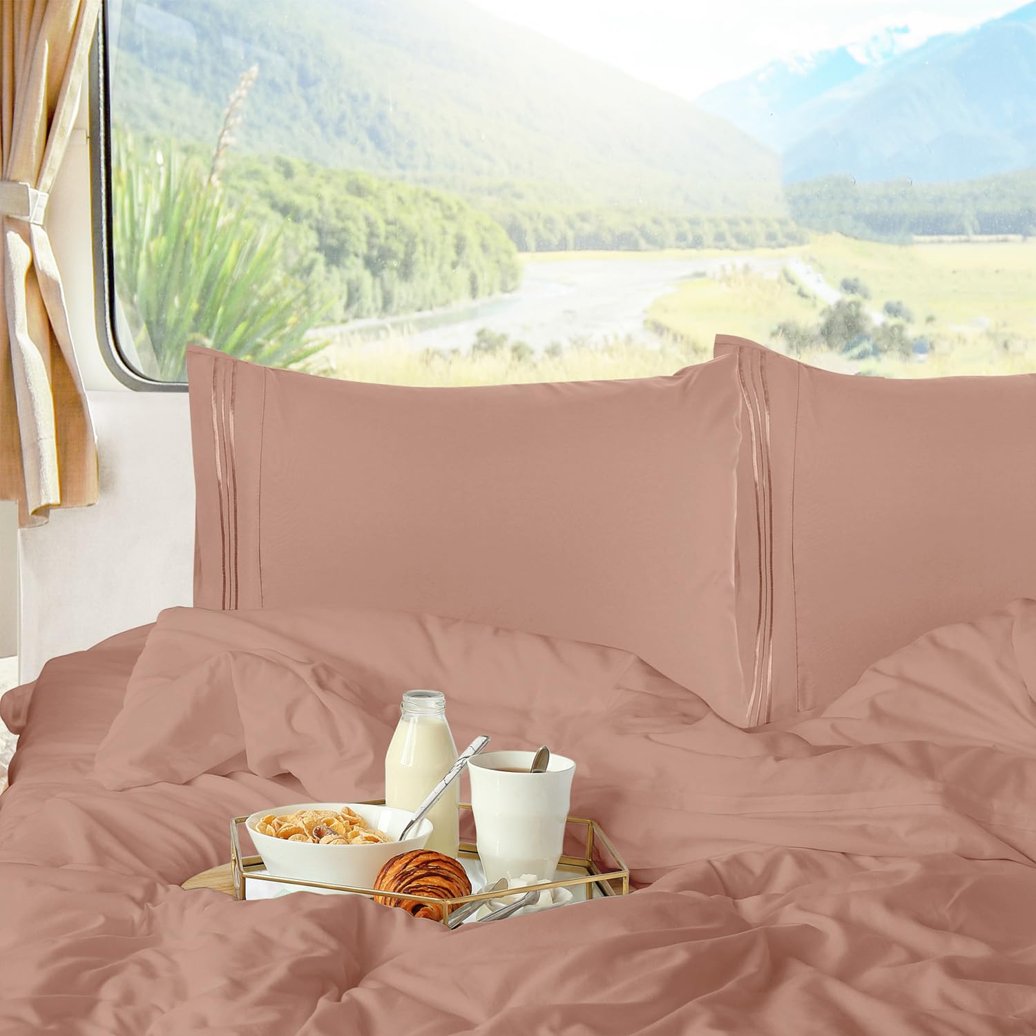 Nestl Blush Pink Rv Queen Sheets – Super Soft Rv Short Queen Sheets For Rv Camper, 4 Piece 1800 Microfiber Fitted Rv Sheets, Double Brushed Rv Bed Sheets Set, Camper Sheets And Pillowcases