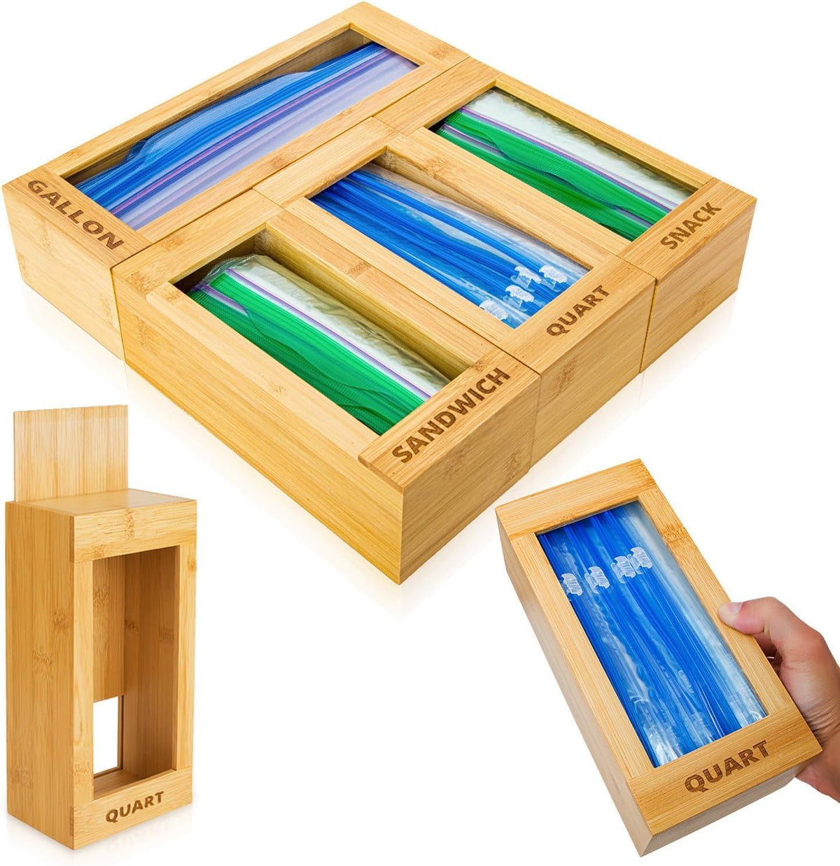 Mhomeaid Bag Storage Organizer - Bamboo Food Plastic Baggie Holder, Dispenser, And Container For Kitchen Drawer - Fits Ziplock A