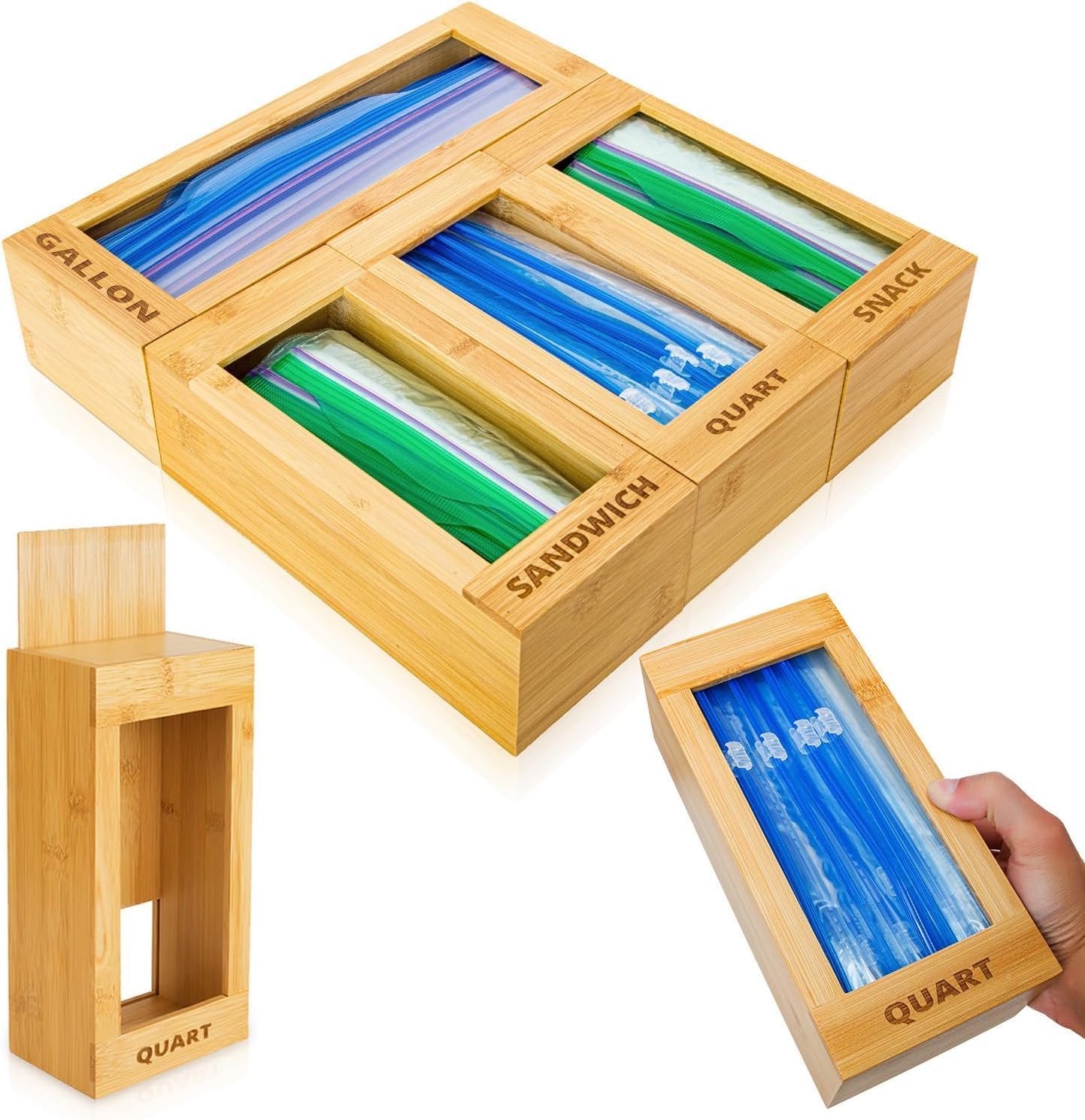 Mhomeaid Bag Storage Organizer - Bamboo Food Plastic Baggie Holder, Dispenser, And Container For Kitchen Drawer - Fits Ziplock A