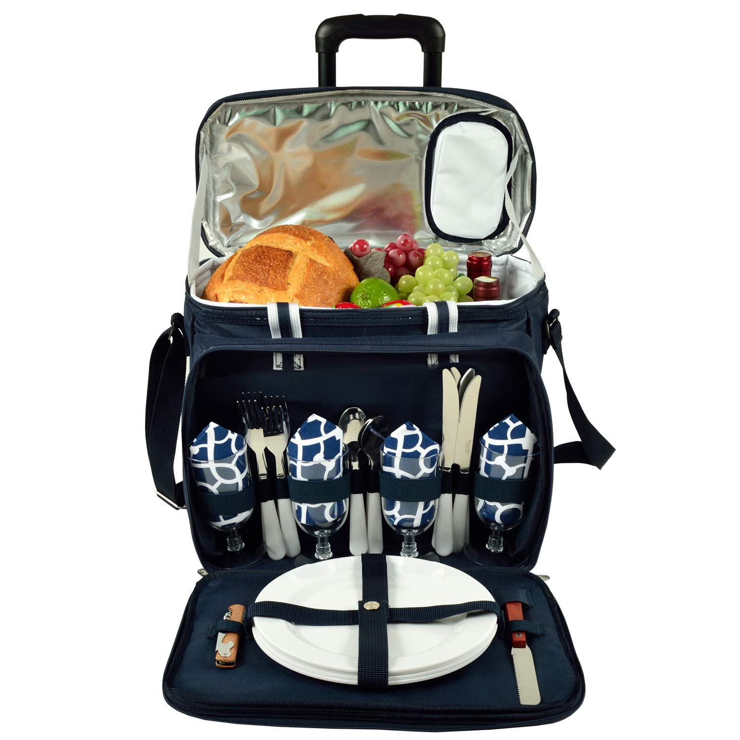 Picnic At Ascot Original Insulated Picnic Cooler With Service For 4 On Wheels-Designed & Assembled In The Usa