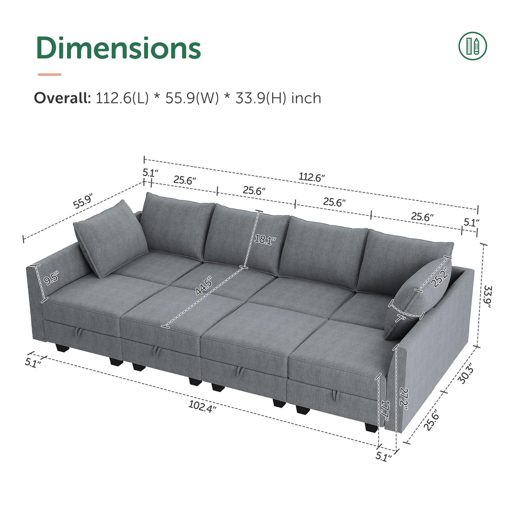 Honbay Modular Sectional Sofa Reversible Modular Sleeper Sectional Sofa With Storage, Modular Couch For Living Room, Bluish Grey