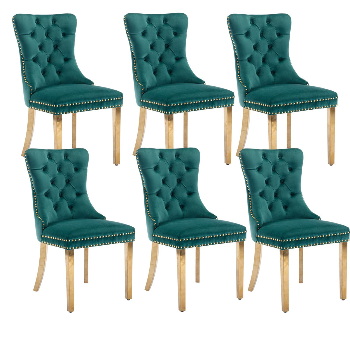 Velvet Dining Chairs Set Of 6, Upholstered Dining Room Chairs With Back Ring Pull Trim And Golden Stainless Steel Legs,Modern Ki