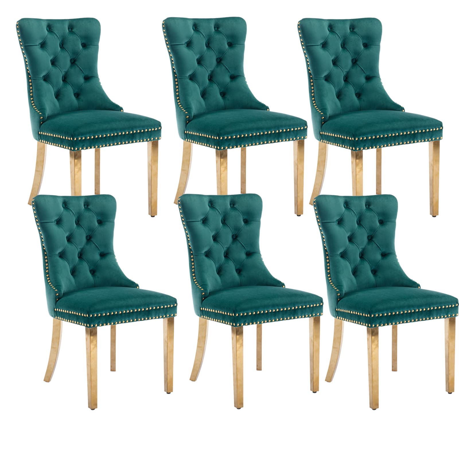 Velvet Dining Chairs Set Of 6, Upholstered Dining Room Chairs With Back Ring Pull Trim And Golden Stainless Steel Legs,Modern Ki