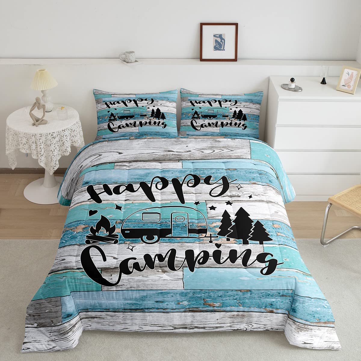 Camper Adventure Comforter Set King Size,Happy Camping Rv Trailer Decor Bedding Set 3Pcs For Kids Boys Girls Adults,Rustic Farmh