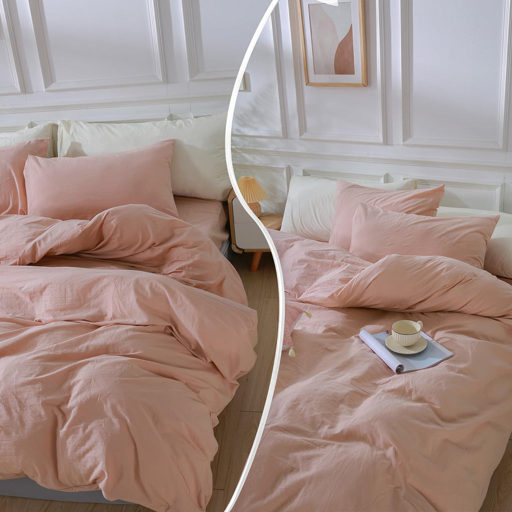 Nexhome Pro Duvet Cover Set Oversized Queen 92'X98' Linen Look Textured Organic Natural 100% Washed Cotton 3 Pieces Bedding Set With Zipper Closure, Breathable, Soft, Pink (No Comforter)