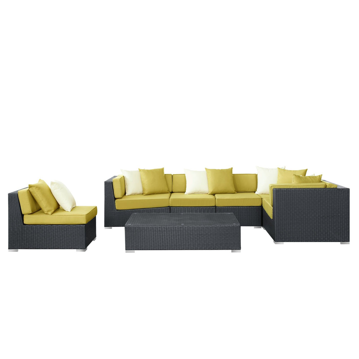 Lexmod Dreamscape Outdoor Wicker Patio 7-Piece Sectional Sofa Set, Expresso Peridot