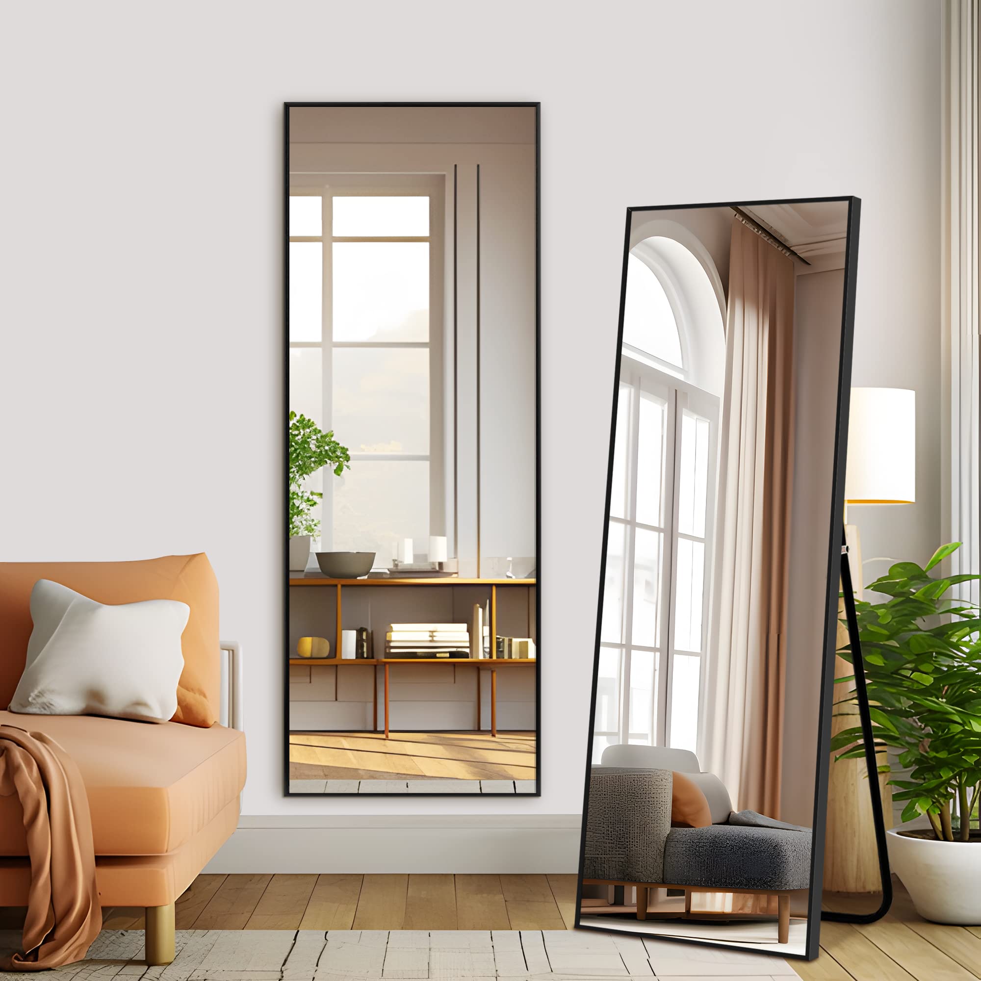 PexFix Full Body Mirror Length with Black Aluminum Alloy Frame Stand Wall Mounted Hanging for Bedroom Bathroom Living Room Decor
