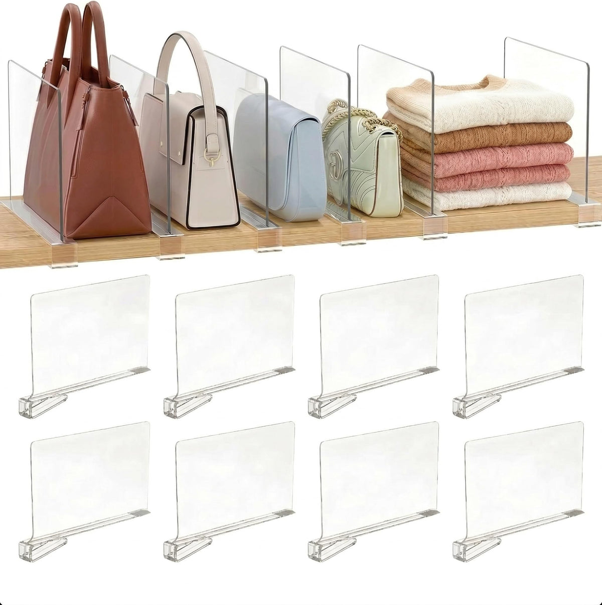 world in a Click Acrylic Shelf Dividers, 8 Pack Clear Closet Shelf Organizer, SlideOn Vertical Dividers for Sweaters, Shirts, T
