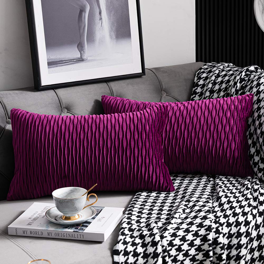 Dezene 12X20 Purple Throw Pillow Cases: 2 Pack Original Striped Velvet Rectangular Decorative Pillow Covers For Farmhouse Couch