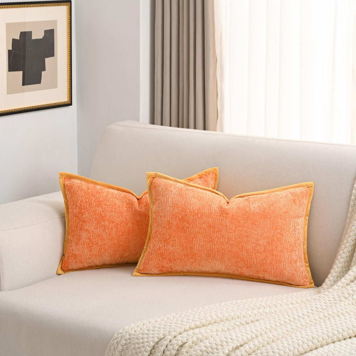 Futei Orange Chenille Throw Pillow Covers 12X20 Inch Set Of 2,Soft Velvet Lumbar Pillow Cases,Home Decor For Couch Bed Living Ro