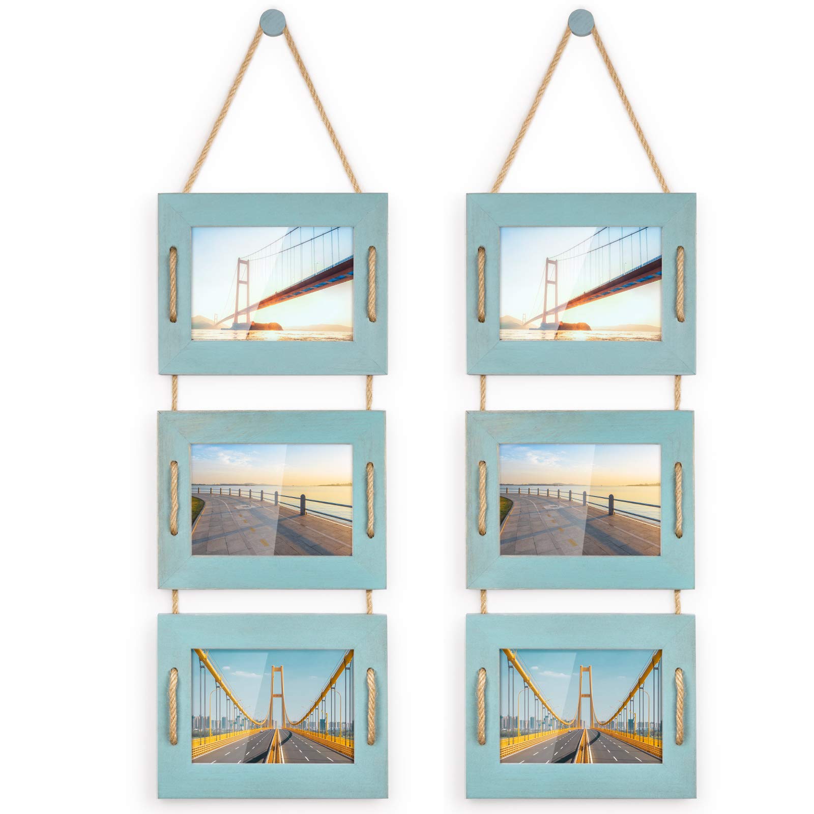 DLQuarts 5x7 Hanging Picture Frames Collage Wall Decor, Photo Frames 5x7 Without Mat & 3.5x5 with Mat, Rustic Wood 3-Frame, Ocea