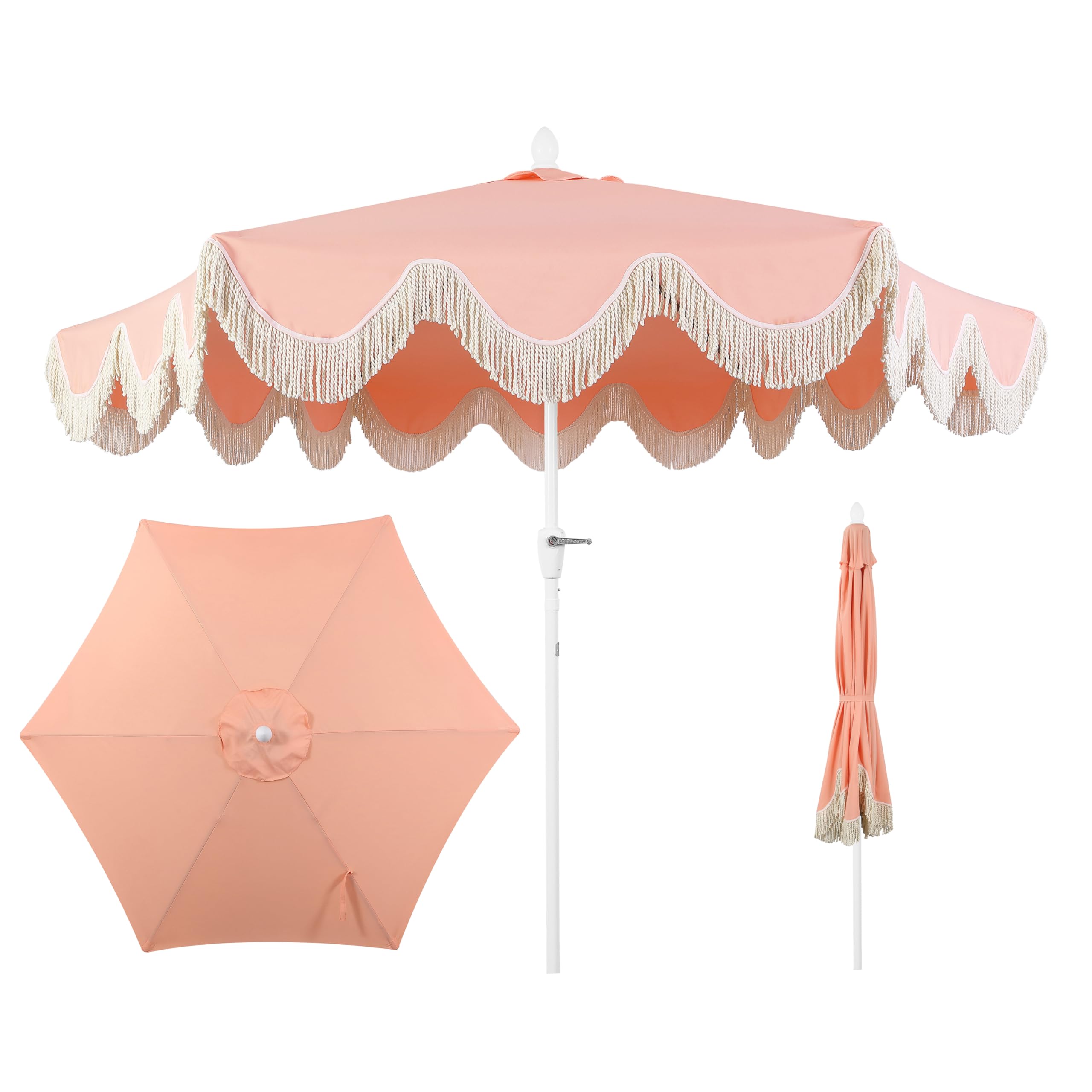 JONATHAN Y UMB1001J Collins 9 ft. Classic Cottage Fringe Tassel Market Patio Umbrella with Auto-Tilt Crank, Wind Vent and UV Pro