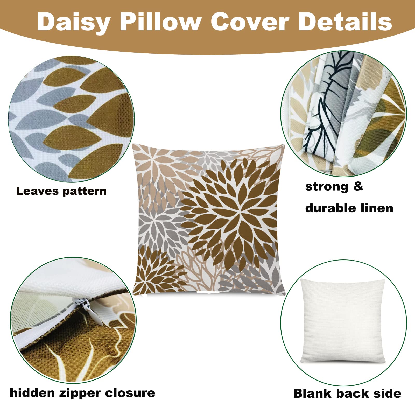 Comminy Brown Grey Pillow Covers 18X18 Set Of 6 Decorative Daisy Flower Throw Pillow Cover For Couch Modern Coffee Pillow Case F