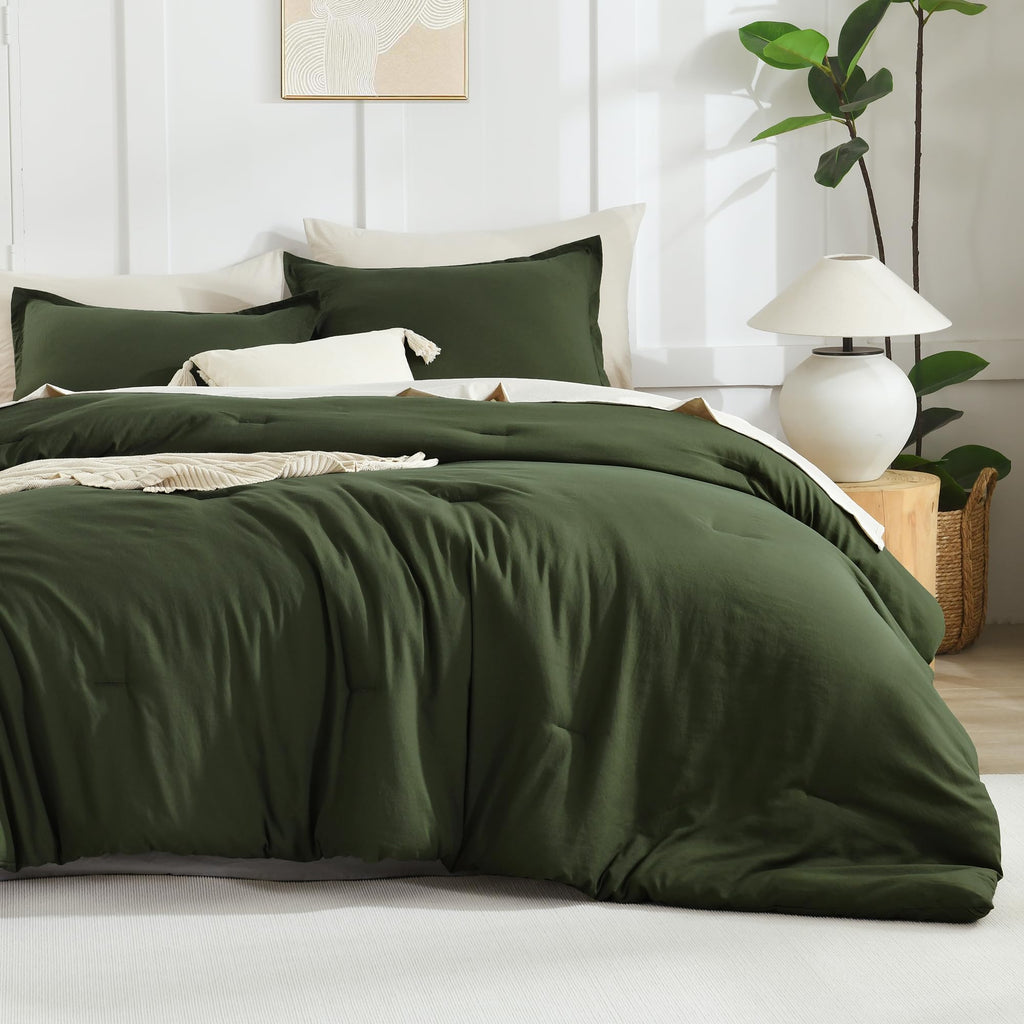 Litanika Dark Olive Green Comforter Set Full, 3 Pieces Solid Bedding Comforter Set, All Season Fluffy Bed Set (79X90In Comforter
