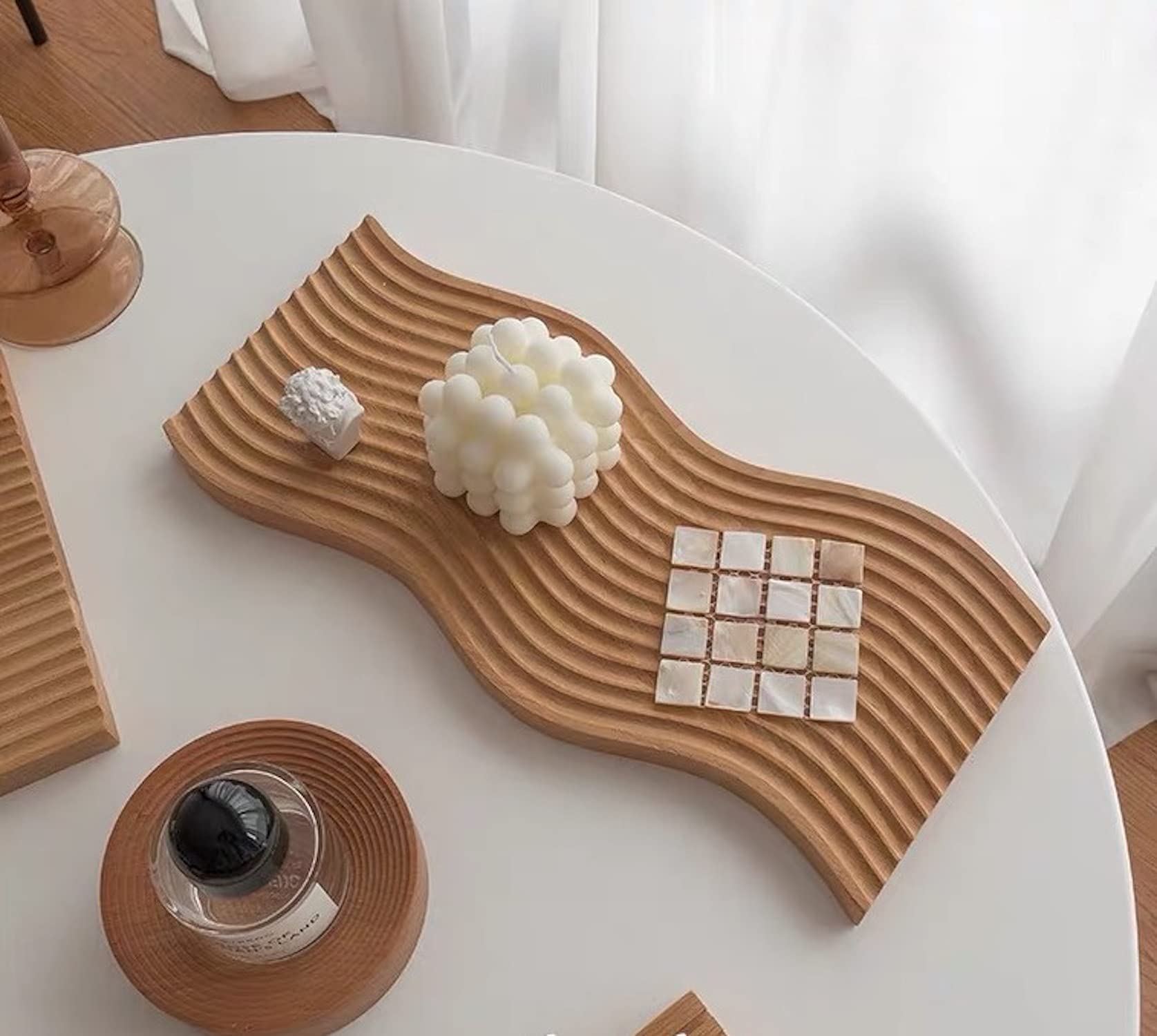 Bloflo Decorative Tray Wave Shaped Natural Wooden Trays For Decor, Rustic Wood Serving Tray, Wood Decorative Trays For Coffee Ta