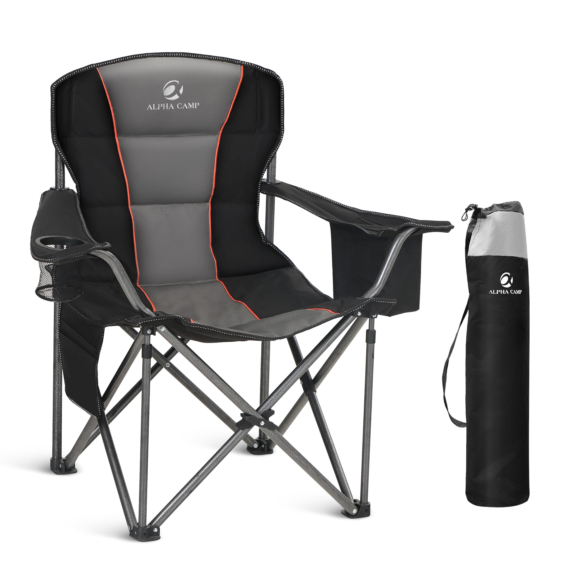 Oversized Folding Camping Chair for Adults, Heavy Duty Portable Lawn Chairs with Cooler Bag, Side Pocket & Cup Holder, Folding C