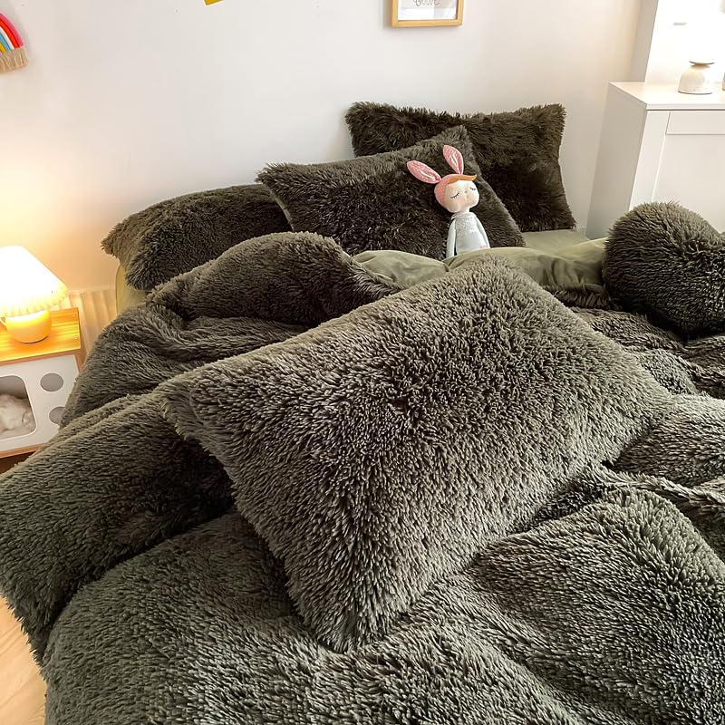 Chovy Faux Fur Plush Blackish Gree Comforter Sets Queen - Ultra Soft Shaggy Flannel Velvet Fluffy Fuzzy 3Pc Bedding Set (Comfort