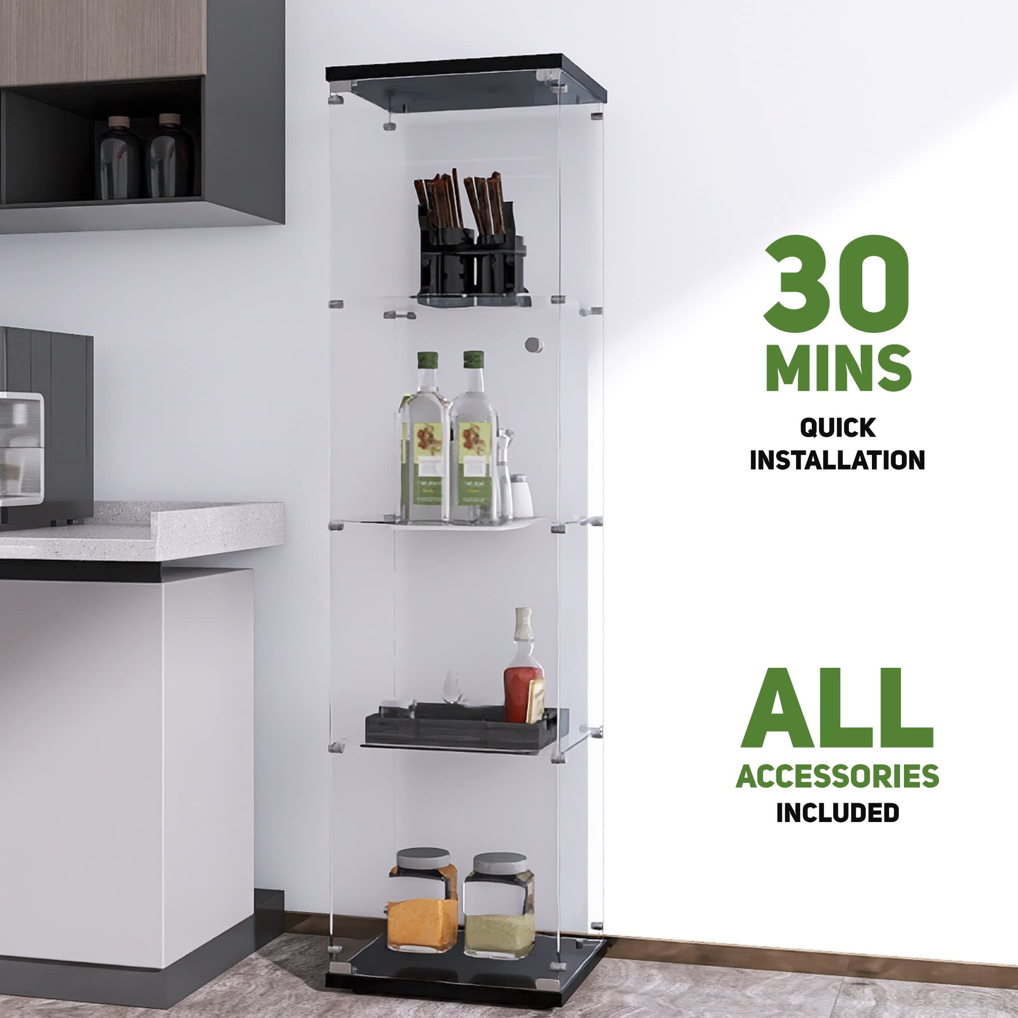 Beauty4U Glass Display Cabinet With 4 Shelves, Curio Cabinets For Living Room, Bedroom, Office, Black Floor Standing Glass Bookshelf, Quick Installation